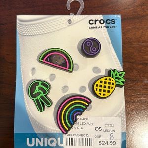 Crocs light up Jibbets. Rainbow, pineapple, peace sign, Yin Yang, watermelon.